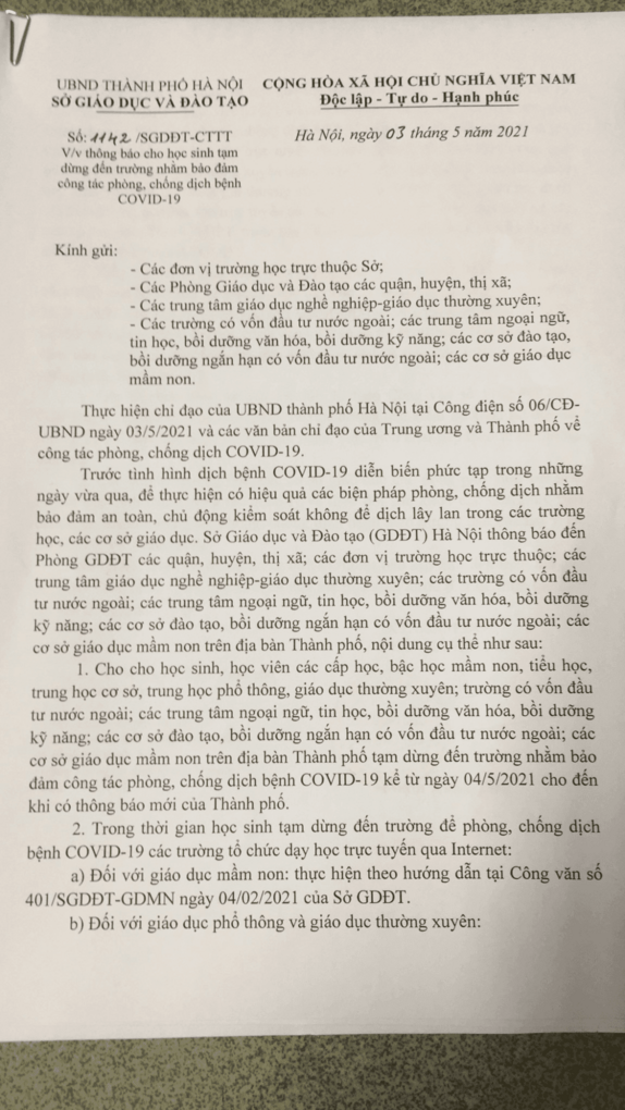 THÔNG BÁO: Tạm dừng đến trường đến trường từ ngày 04/05/2021