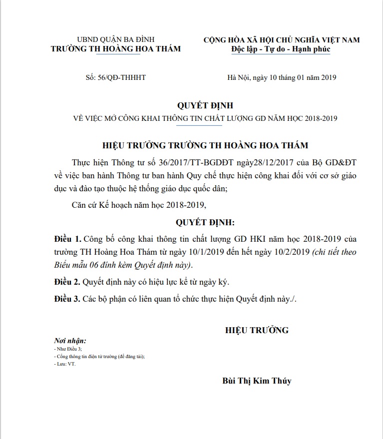 Công khai chất lượng giáo dục năm học 2018-2019