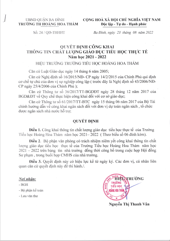 Công khai chất lượng giáo dục tiểu học năm học 2021-2022