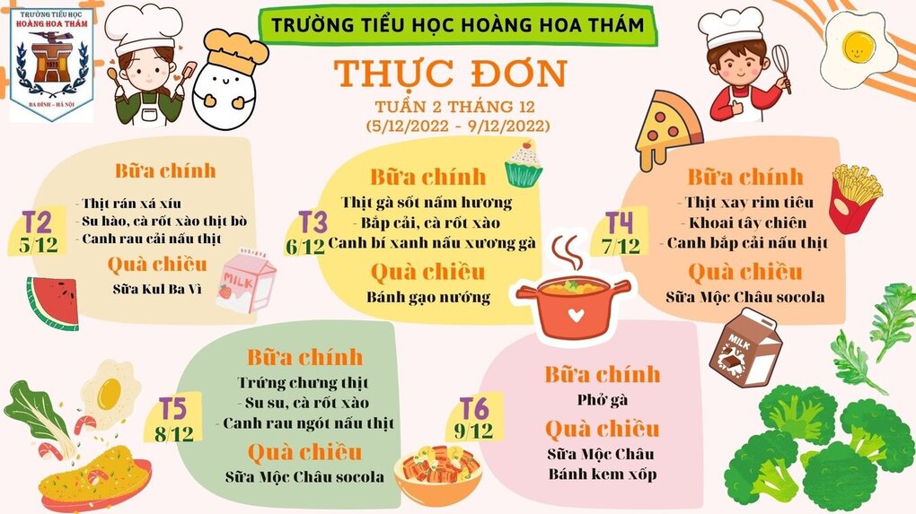 Trường Tiểu học Hoàng Hoa Thám thông báo thực đơn bán trú Tuần 2 - Tháng 12/2022!
