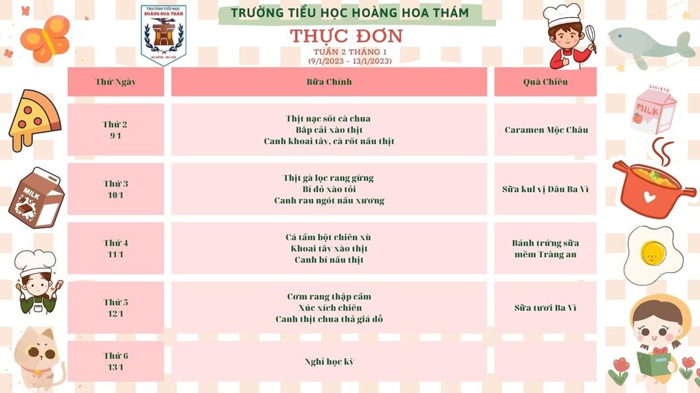 Trường Tiểu học Hoàng Hoa Thám thông báo thực đơn bán trú Tuần 2 - Tháng 1/2023