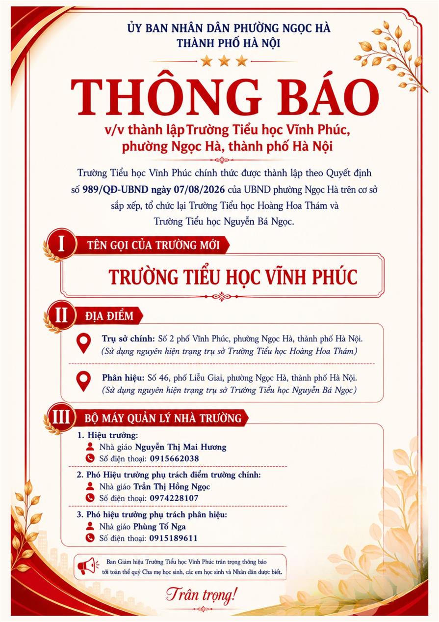 Thông báo v/v thành lập Trường Tiểu học Vĩnh Phúc